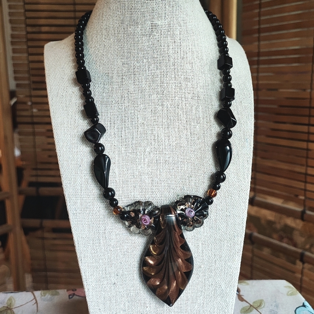 Black Vintage Venetian Blown Glass Wedding Cake Beads Obsidian Copper Necklace